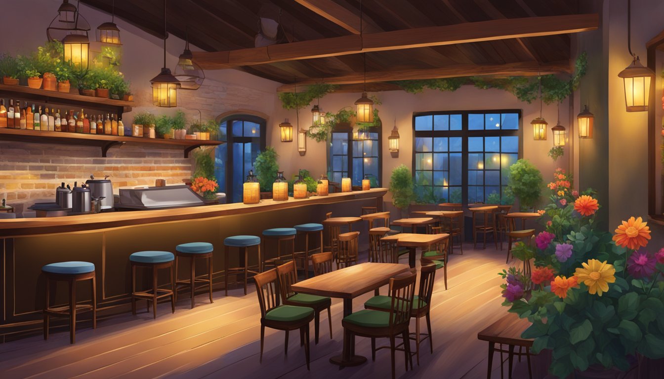 A cozy Italian restaurant with dim lighting, rustic wooden tables, and a vibrant display of colorful flowers adorning the bar area