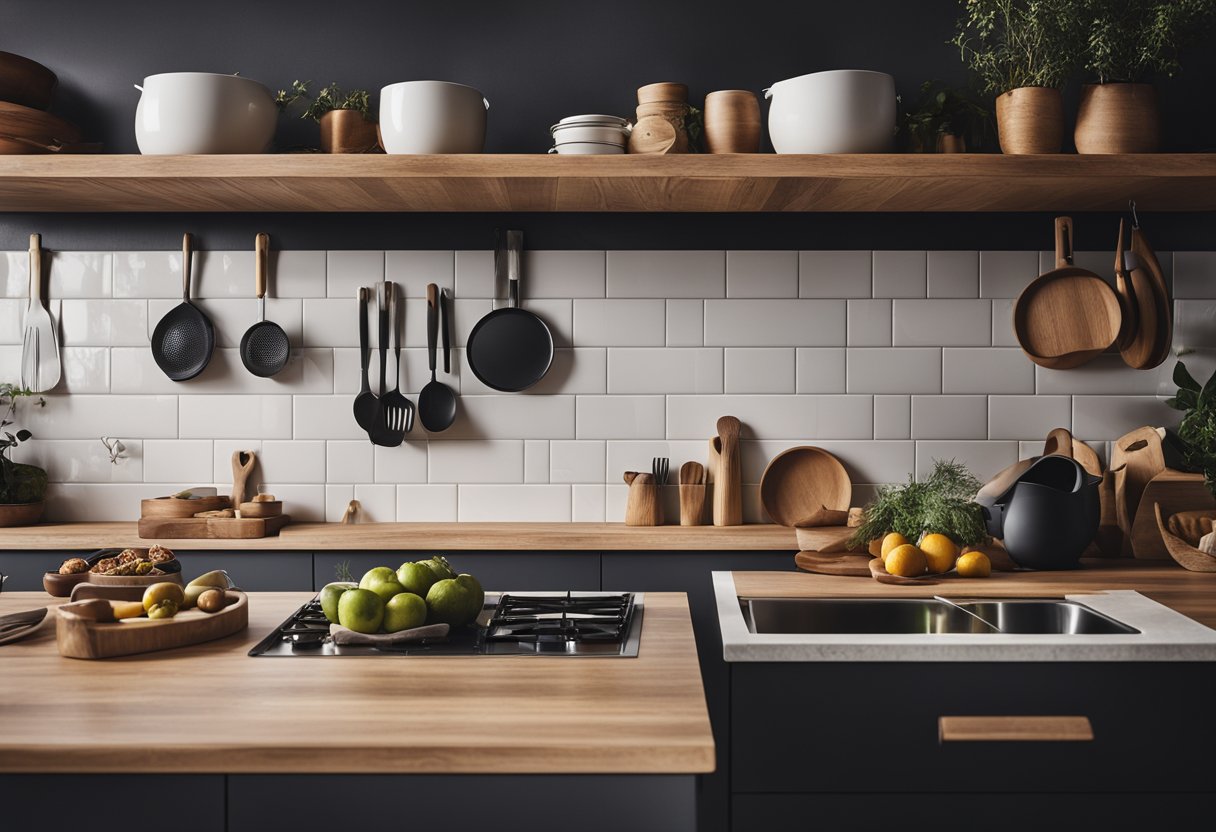 A simple wooden kitchen with functional touches and accessories