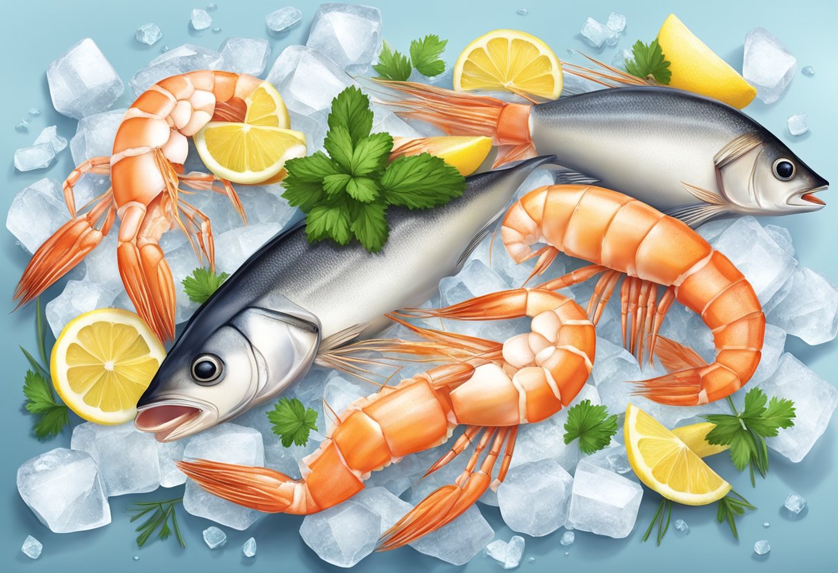 A variety of frozen and chilled seafood, including shrimp, fish fillets, and scallops, arranged on a bed of ice with lemon wedges and fresh herbs for garnish