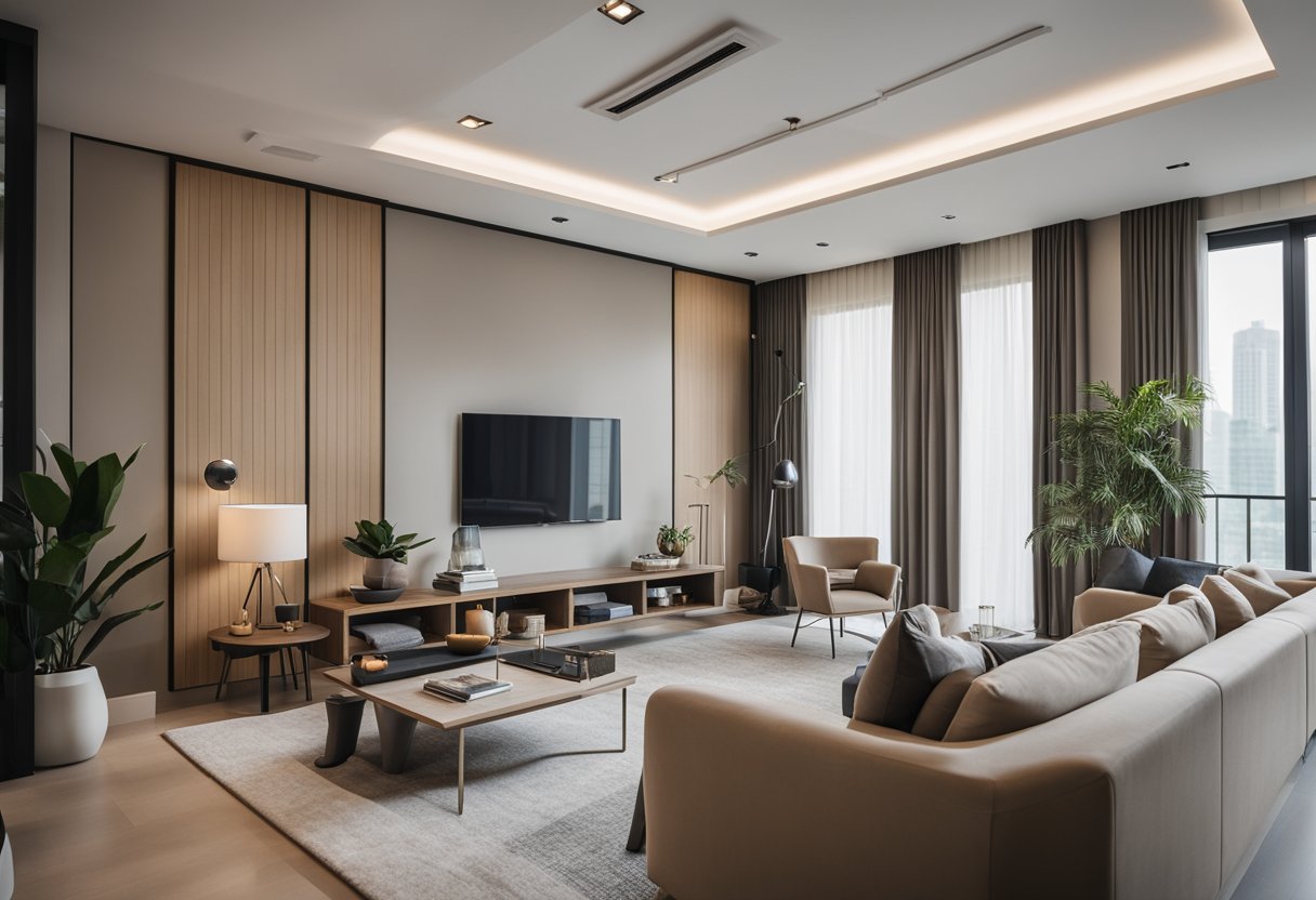A modern living room with sleek furniture from Delta House in Singapore. Clean lines, neutral colors, and a cozy atmosphere