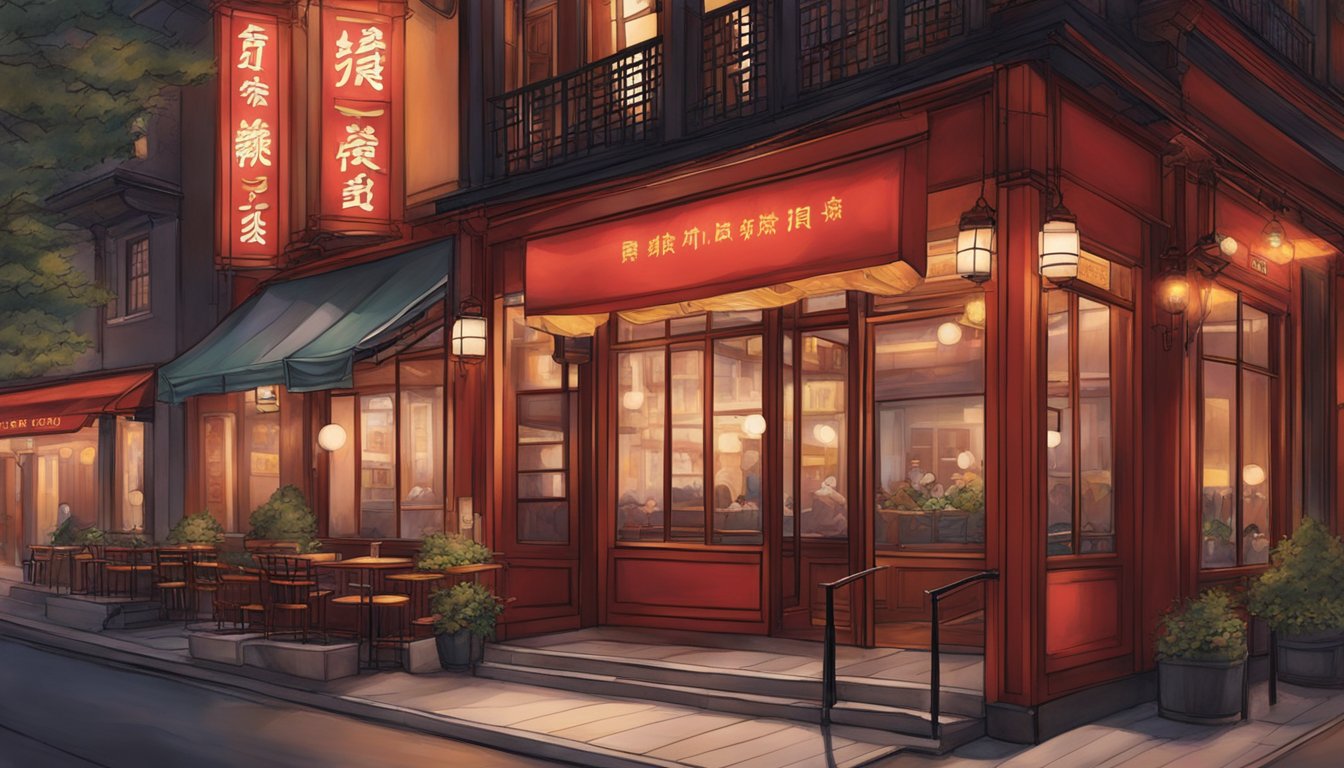 The red lantern restaurant glows warmly in the night, its sign casting a crimson hue on the bustling street below. Aromatic steam rises from the open kitchen, and the inviting glow of the interior beckons passersby