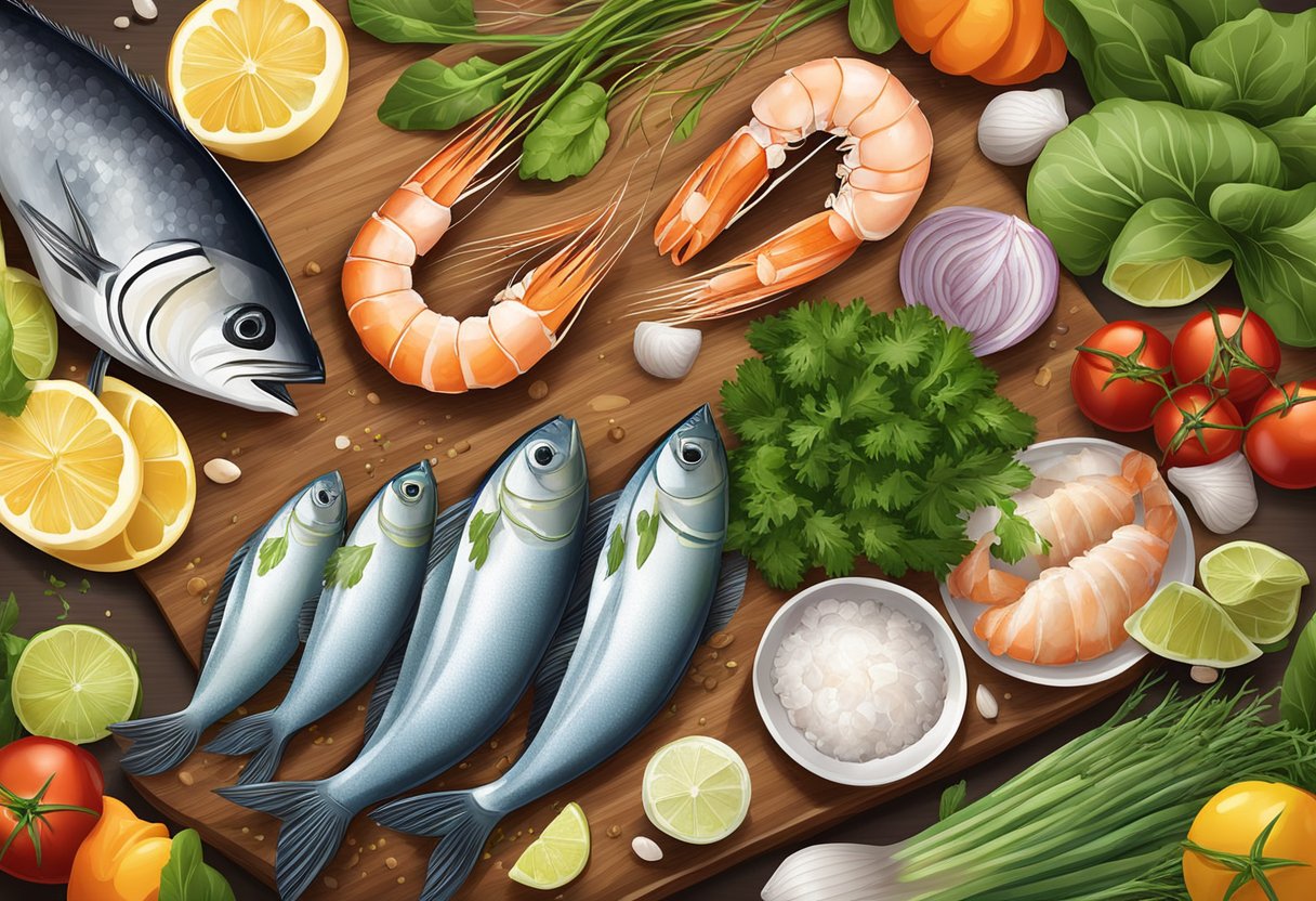 A variety of fresh seafood, including shrimp, scallops, and fish, are arranged on a clean cutting board alongside colorful vegetables and aromatic herbs
