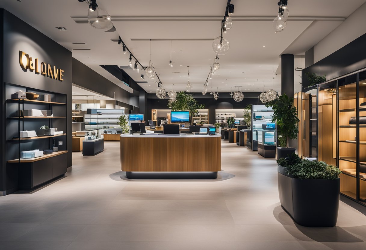 A modern furniture store with sleek displays and a customer service desk. Bright lighting and clean lines create a welcoming atmosphere