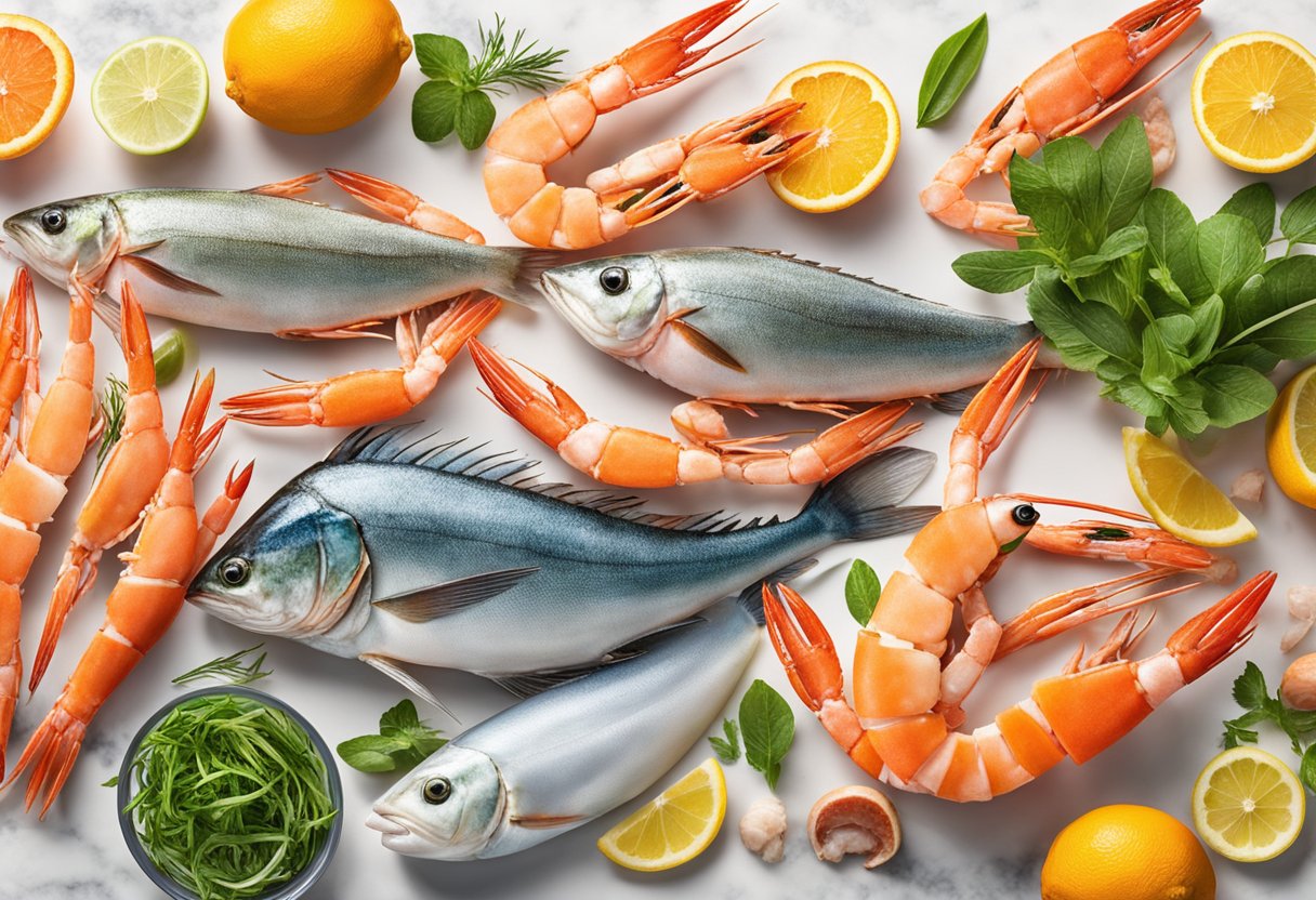 A variety of frozen and chilled seafood, including shrimp, fish fillets, and crab legs, are displayed on a clean, white countertop surrounded by fresh herbs and vibrant citrus fruits
