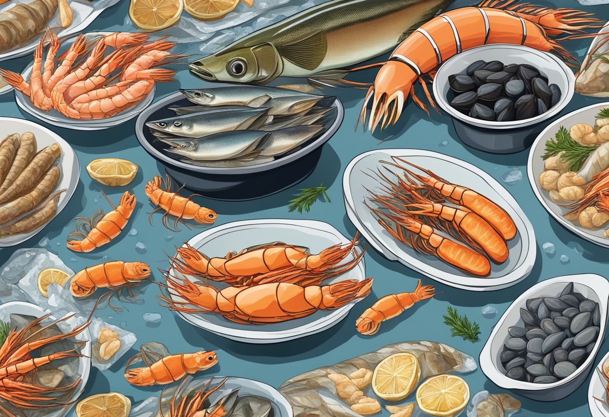 A hand reaches for a variety of fresh seafood, including shrimp, fish, and mussels, displayed on ice in a market stall