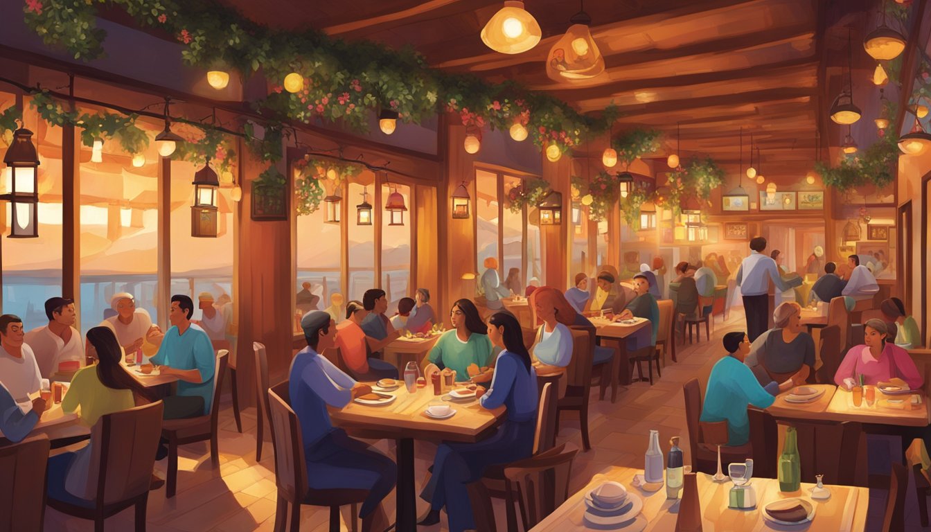 The bustling Kulto restaurant is filled with diners enjoying their meals, while the aroma of sizzling meats and spices fills the air. The warm, inviting ambiance is accented by the soft glow of hanging lights and the vibrant colors of the decor