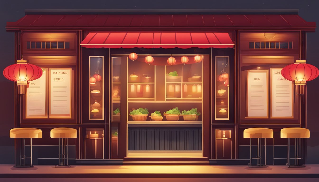 A vibrant red lantern illuminates a menu board outside a restaurant