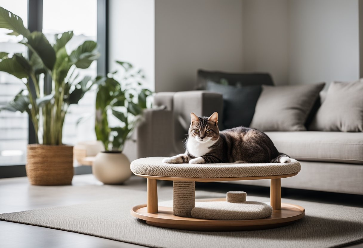 A sleek, minimalist living room with a contemporary cat tree, a stylish cat bed, and a sleek scratching post, all in a neutral color palette