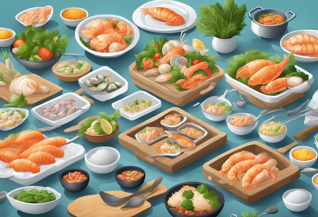 A chef prepares a variety of frozen and chilled seafood dishes, surrounded by fresh ingredients and cooking utensils