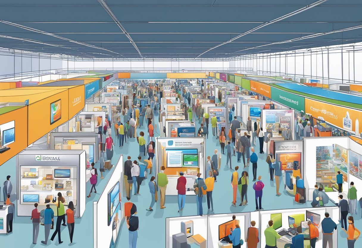 A bustling trade show floor with electronics resellers networking and browsing top wholesale websites on their laptops and tablets. Displays of the latest gadgets and technology line the booths, creating a vibrant and dynamic atmosphere