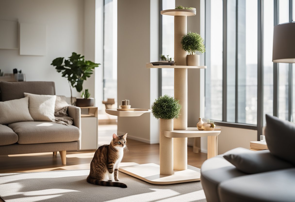 A sleek, minimalist cat tree stands in a sunlit living room. A modern cat bed with clean lines and neutral colors complements the contemporary decor