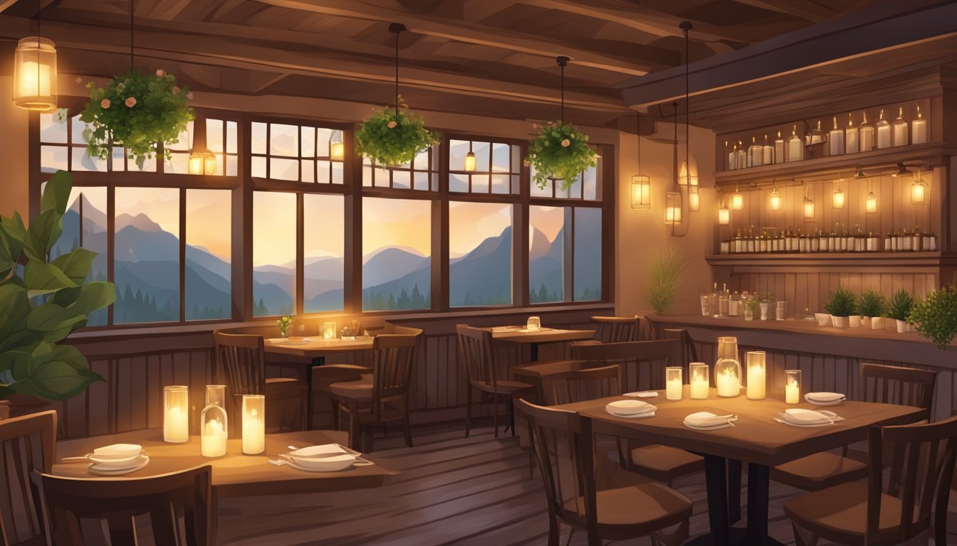 A cozy restaurant with warm lighting and rustic decor. Tables are set with candles and fresh flowers, creating a welcoming atmosphere