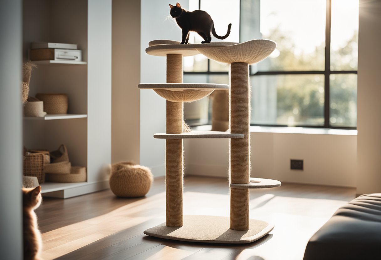 A sleek, modern cat tree stands in a sunlit room, with a cozy bed, scratching posts, and hanging toys. The room is tidy and stylish, with clean lines and a minimalist aesthetic