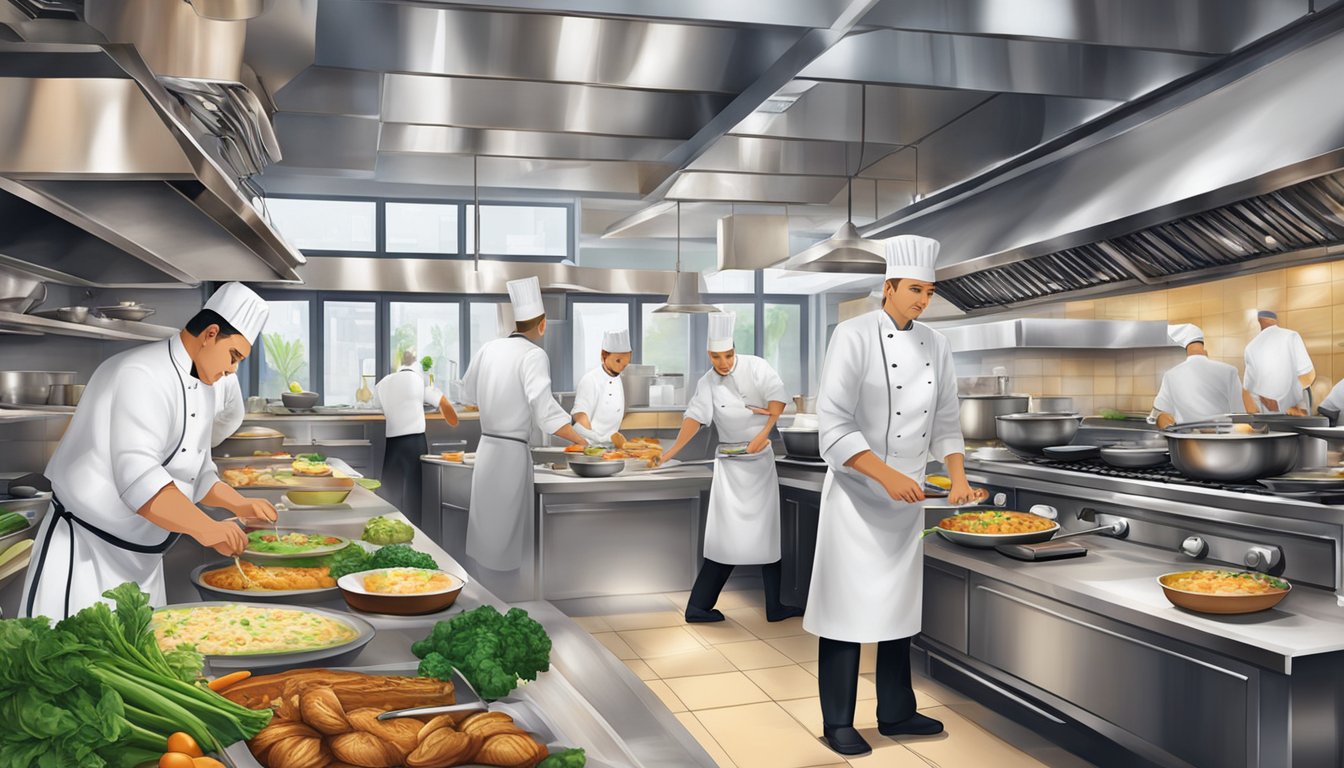 A bustling kitchen with chefs preparing exquisite dishes at Culinary Delights kulto restaurant