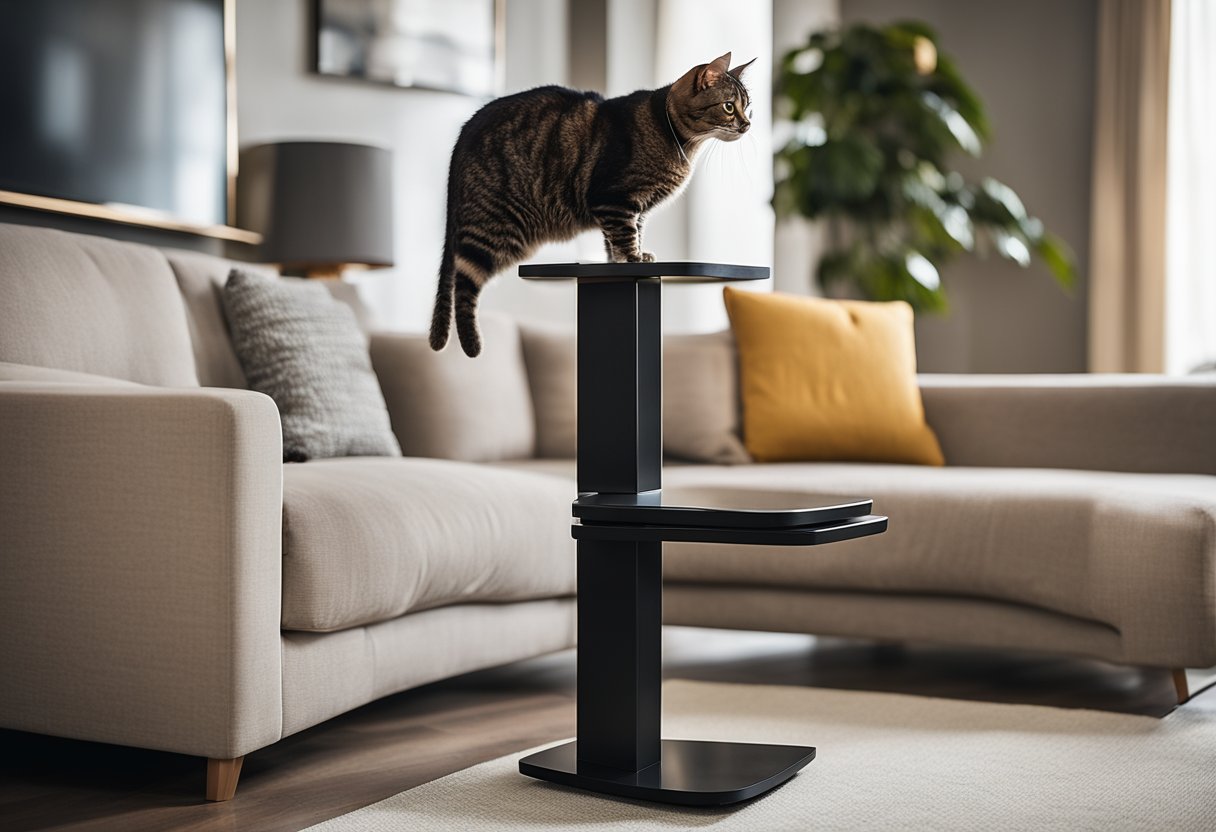 A sleek, modern cat tree stands against a backdrop of a stylish living room, with a curious cat perched on one of its platforms