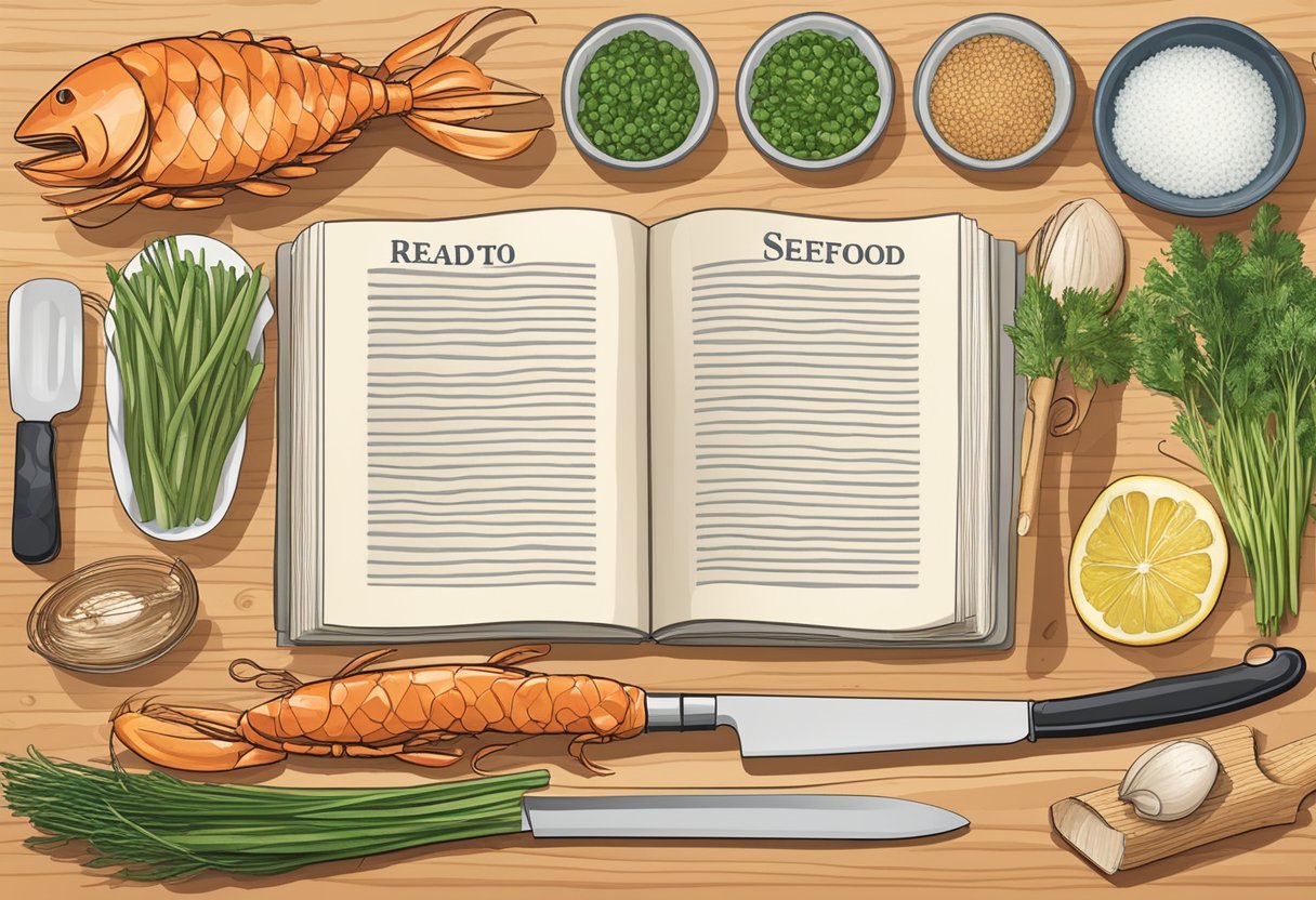 Seafood ingredients arranged on a cutting board with various cooking utensils and a recipe book open to a page titled "Ready-to-Cook Seafood Recipe"