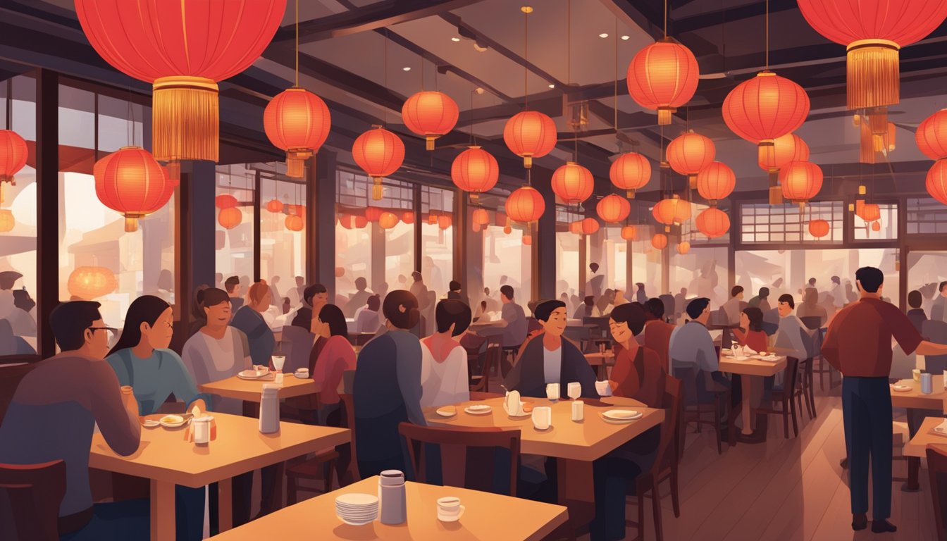 A bustling restaurant with red lanterns hanging from the ceiling, diners enjoying their meals, and a warm, inviting atmosphere