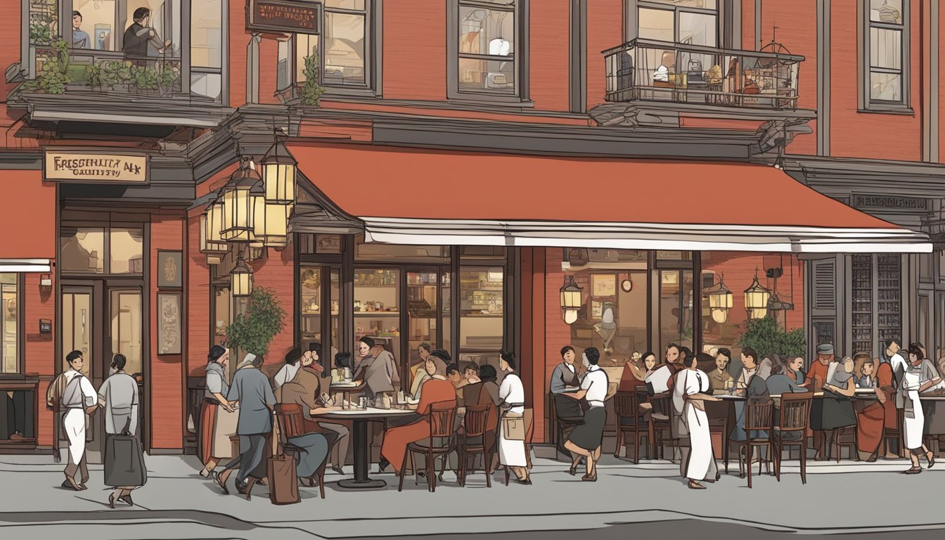 The bustling red lantern restaurant, filled with diners enjoying their meals and waiters rushing back and forth. A sign displaying "Frequently Asked Questions" hangs prominently near the entrance