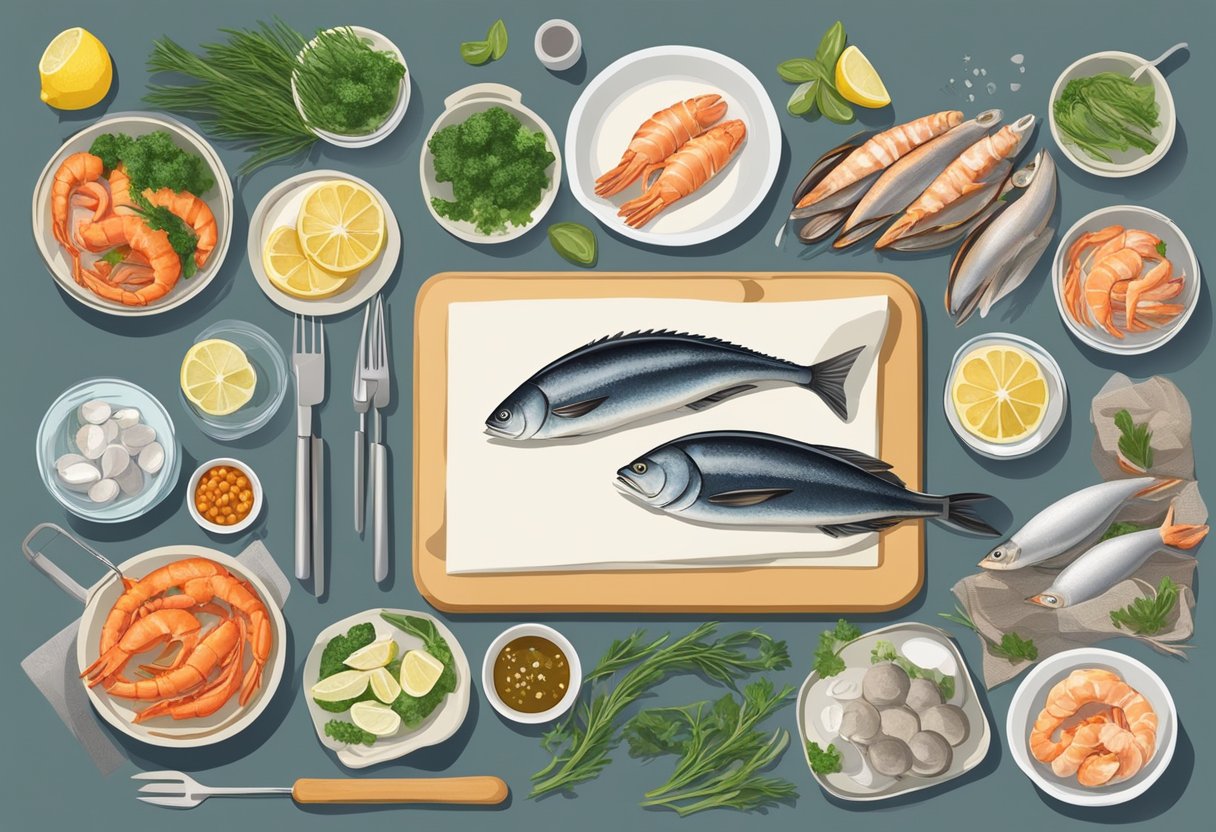 A kitchen counter with various fresh seafood, prepped ingredients, and cooking utensils laid out for a ready-to-cook seafood recipe