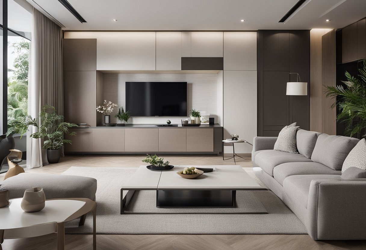 A modern living room with modular furniture in Singapore. Clean lines, neutral colors, and versatile pieces create a sleek and functional space