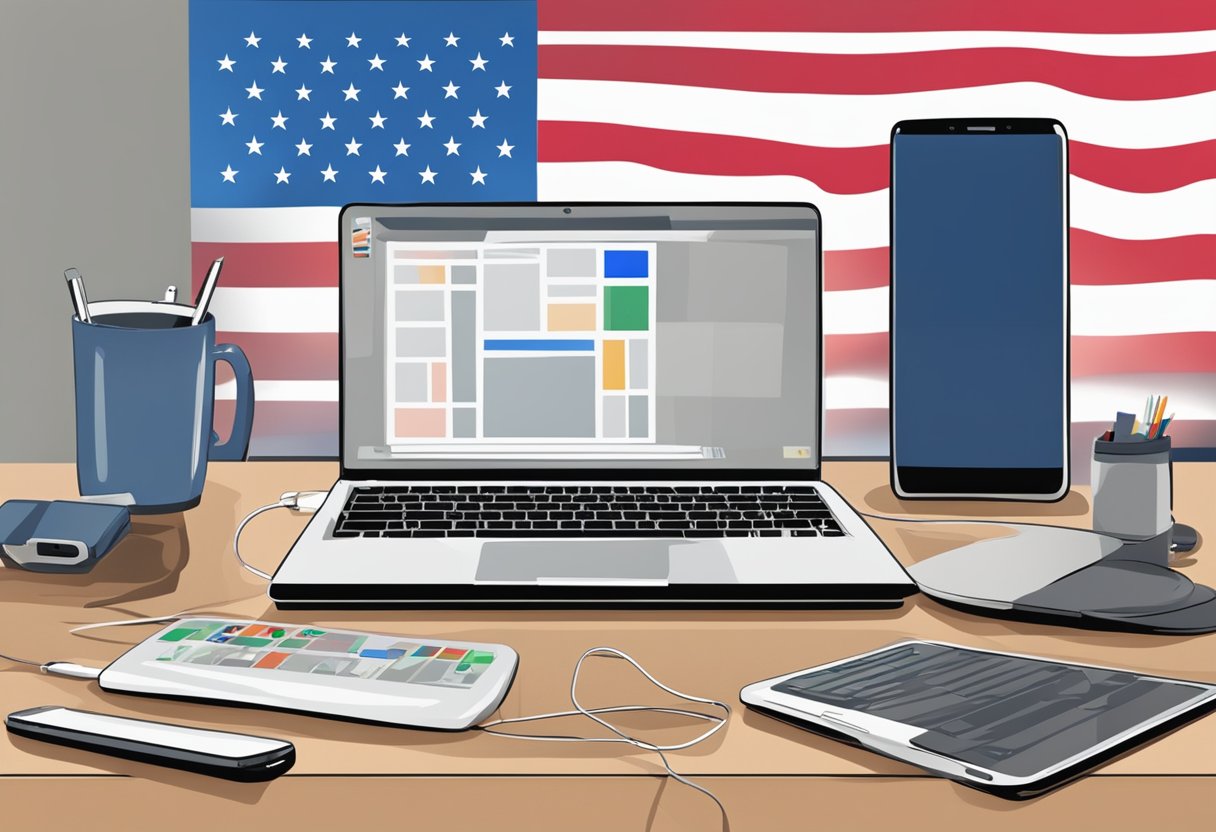 A table with a laptop, phone, and electronic accessories. USA and international flags in the background. Text "Conclusion Top Wholesale Websites for Electronics for resellers" displayed prominently