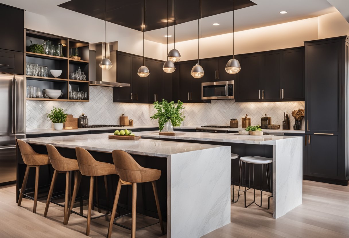 A cozy kitchen with a sleek island, pendant lighting, and open shelving. White cabinets, marble countertops, and a pop of color in the backsplash