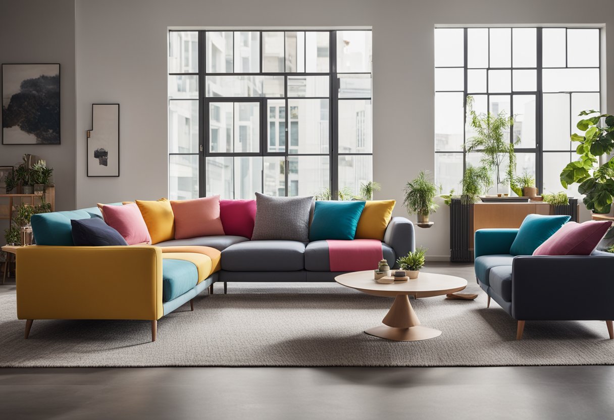 A modular sofa sits in a spacious living room, its pieces rearranged in various configurations. The room is filled with natural light, and the sofa is adorned with colorful throw pillows, showcasing its versatility and adaptability to different settings