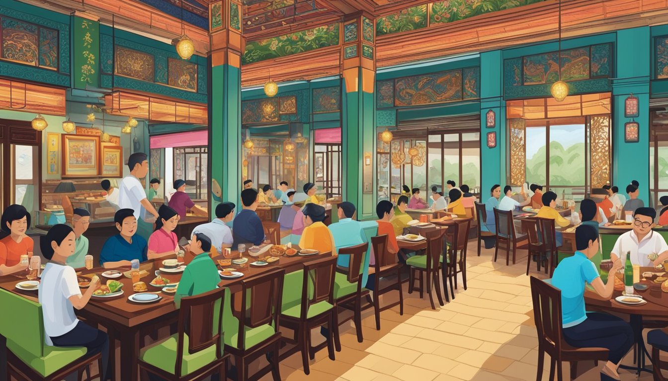 A bustling nonya restaurant in Singapore, filled with vibrant colors, aromatic spices, and traditional Peranakan decor. The air is alive with the sizzle of woks and the chatter of diners enjoying the unique fusion of Chinese, Malay, and