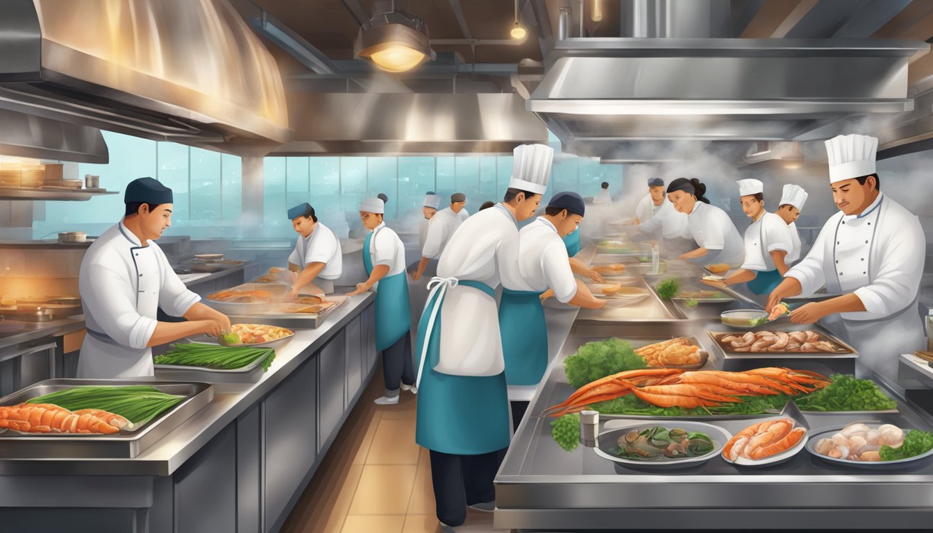 A bustling steam fish restaurant with customers lined up, the aroma of fresh seafood filling the air, and chefs skillfully preparing dishes in a busy kitchen