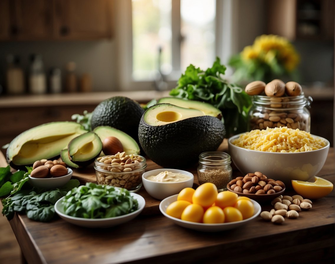 A kitchen table with a variety of keto-friendly foods and ingredients, including avocados, nuts, eggs, and leafy greens