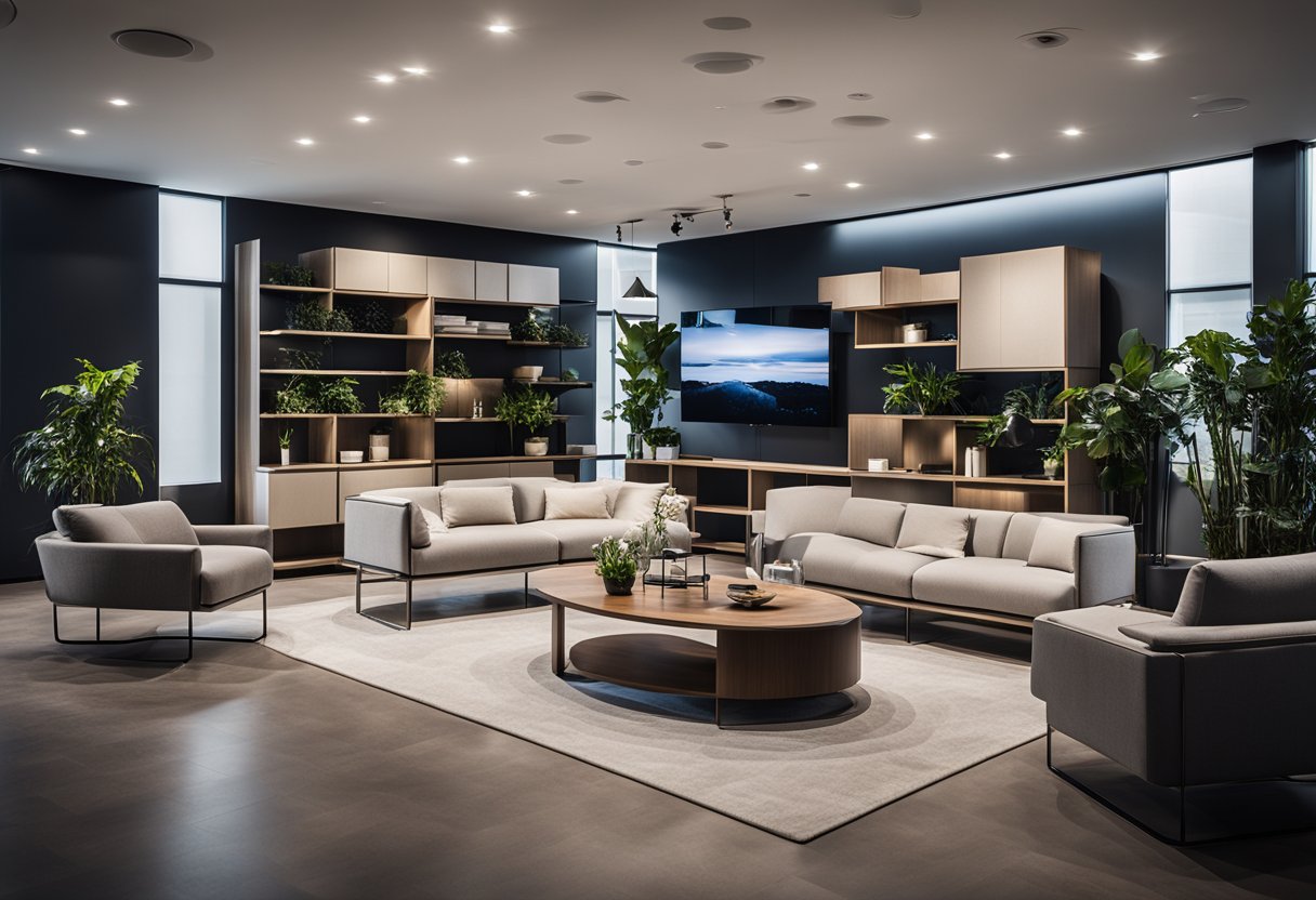 A sleek, modern showroom with various modular furniture setups on display. Clean lines and contemporary designs create an inviting space for customers to explore