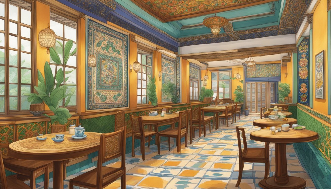 Colorful Peranakan tiles line the walls, while ornate wooden furniture adorns the dining area. Aromatic spices fill the air as steaming bowls of laksa and plates of kueh are served