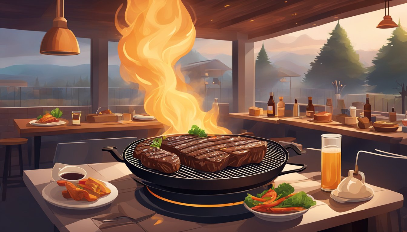 A sizzling steak and juicy ribs on a grill, surrounded by a smoky, cozy restaurant ambiance