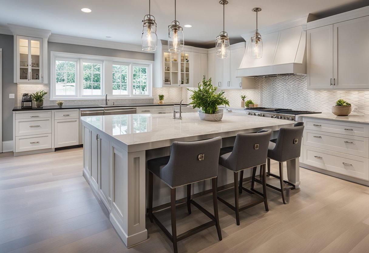 A bright, modern kitchen with sleek white cabinets, marble countertops, and stainless steel appliances. A large island with bar seating and pendant lighting completes the design