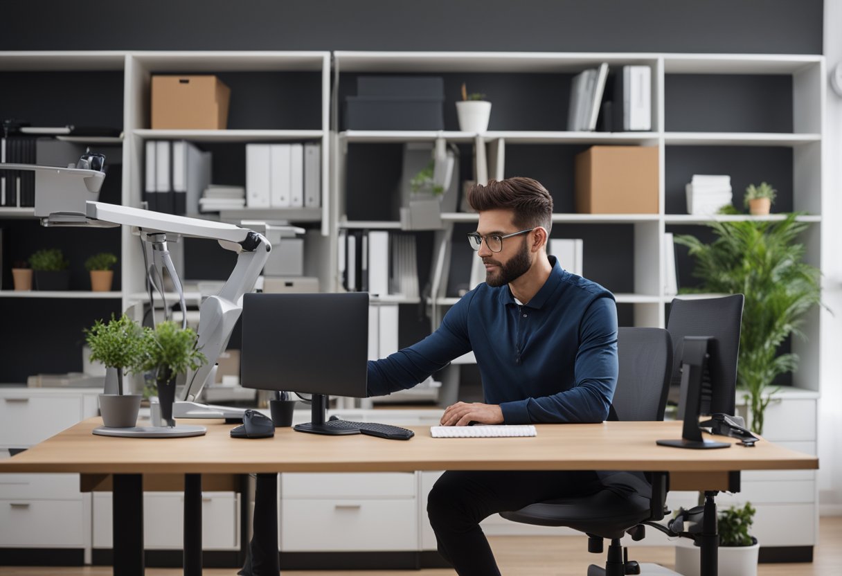 A person sits at a desk, adjusting a chair and keyboard for comfort. A standing desk and ergonomic chair are nearby. Shelves hold adjustable monitor stands and footrests