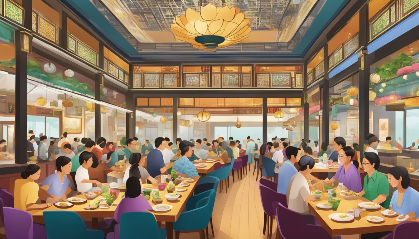 A bustling nonya restaurant in Singapore, with colorful decor and aromatic dishes being served to eager customers