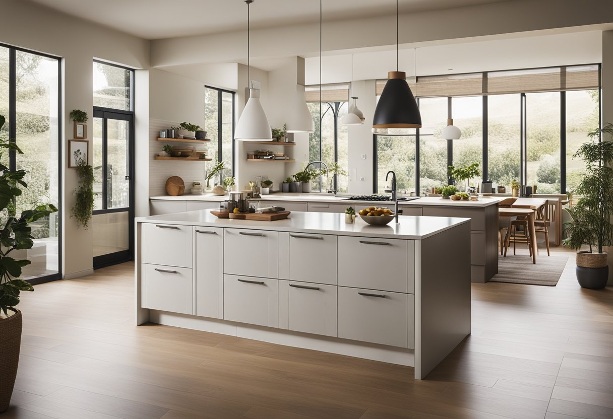 A cozy kitchen with a central island, efficient storage, and modern appliances. Bright natural light streams in through a window, illuminating the space