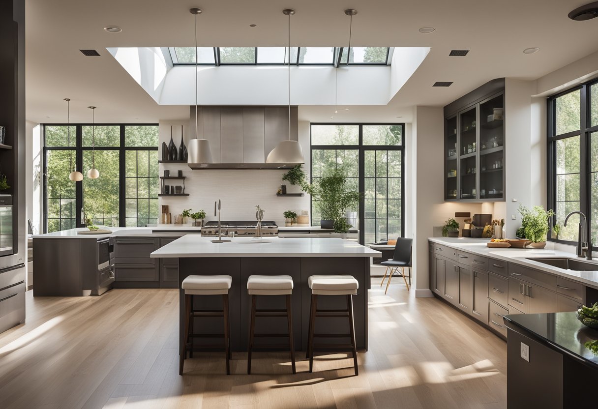 A spacious, modern kitchen with sleek countertops, ample storage, and a large island for cooking and entertaining. Bright natural light streams in through large windows, illuminating the clean, contemporary design