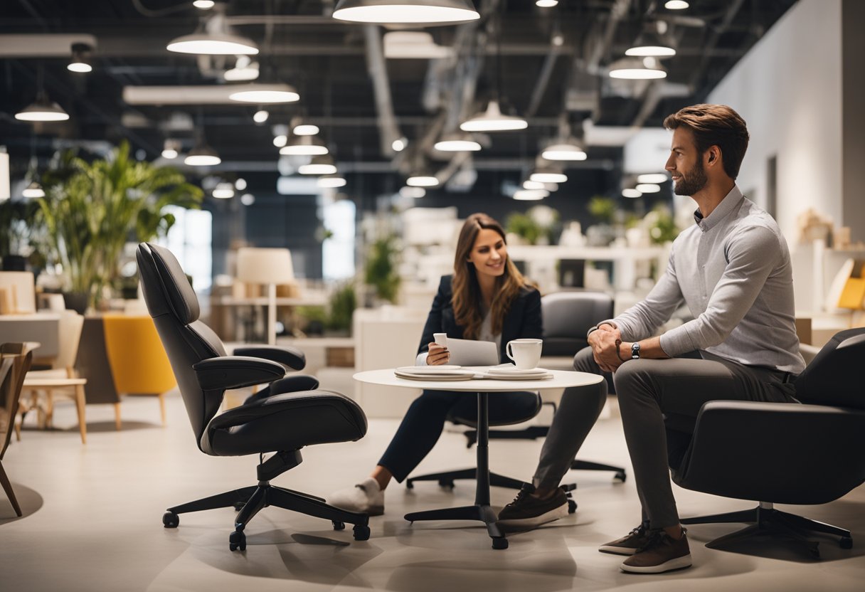 A customer browsing through a variety of ergonomic furniture options in a well-lit showroom with helpful staff assisting