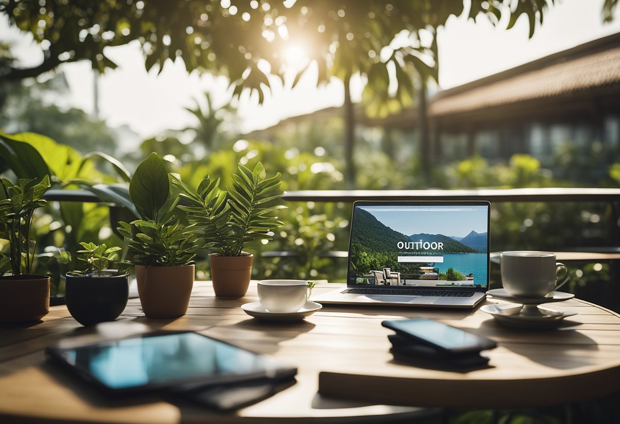 A sunny terrace with modern outdoor furniture, surrounded by lush greenery. A laptop and credit card on a table, with a smartphone displaying a website for buying outdoor furniture online in Singapore