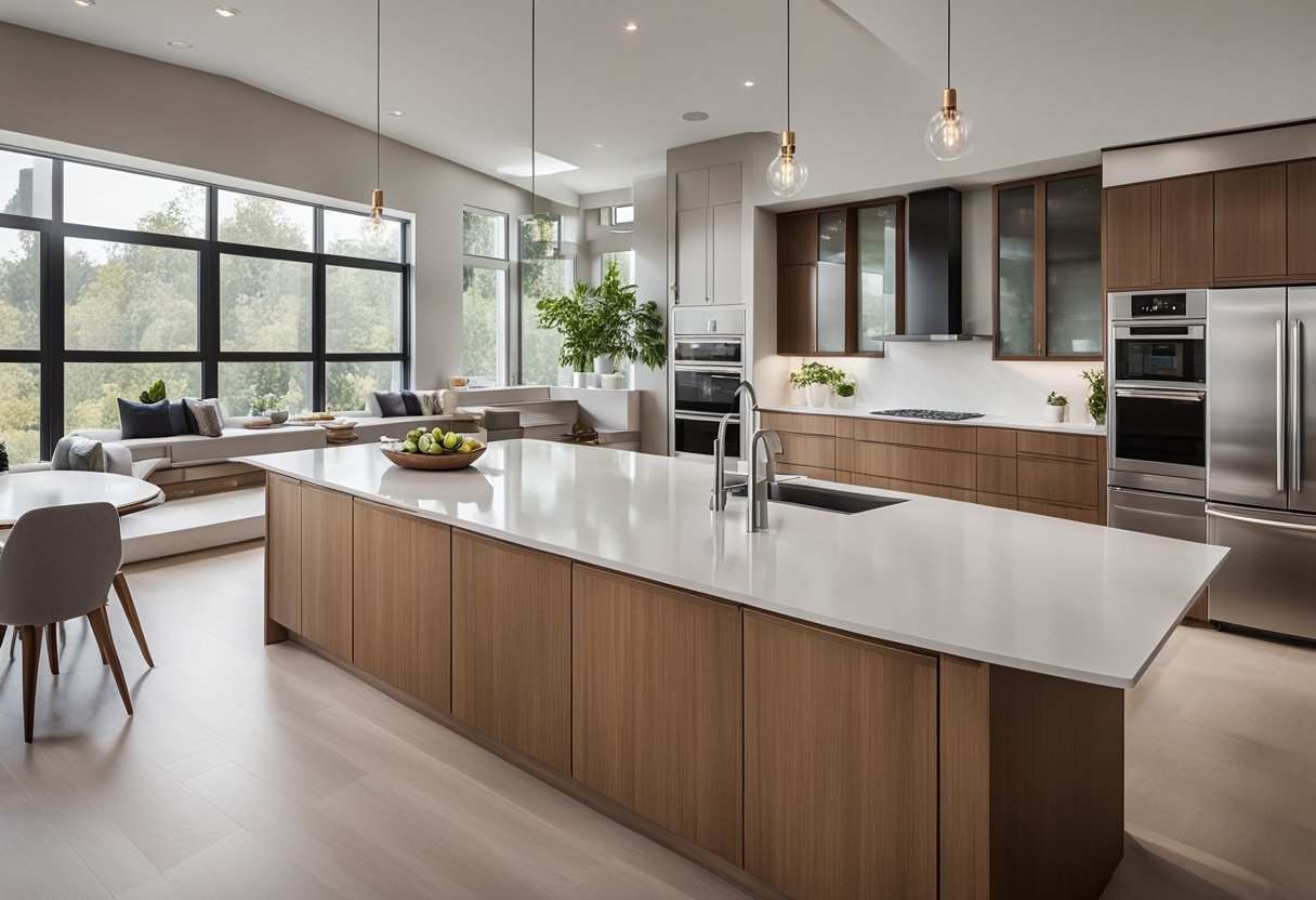 A spacious kitchen with a large island, modern appliances, and ample storage. Natural light floods in through large windows, highlighting the sleek countertops and stylish backsplash