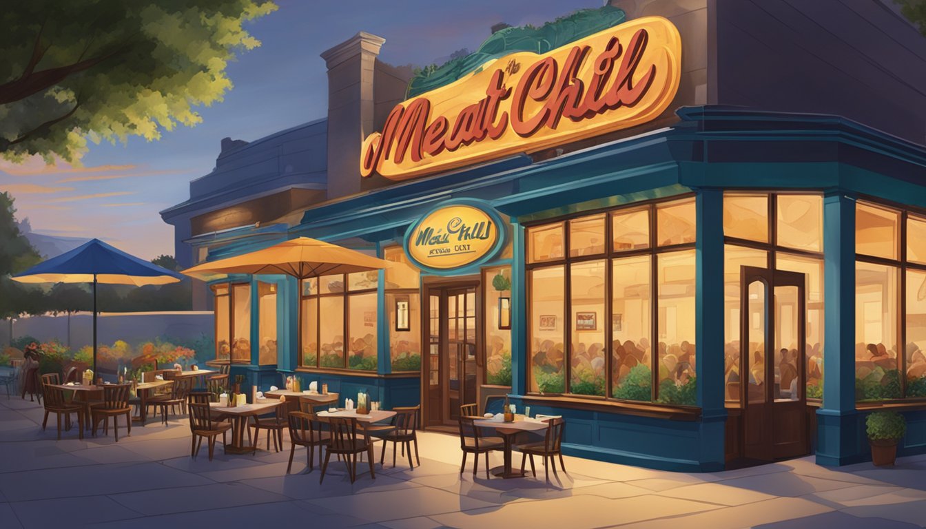 A bustling restaurant with a welcoming entrance, outdoor seating, and a vibrant atmosphere. The sign "Meat n Chill Steak n Ribs" is prominently displayed, inviting guests to come in for an unforgettable dining experience