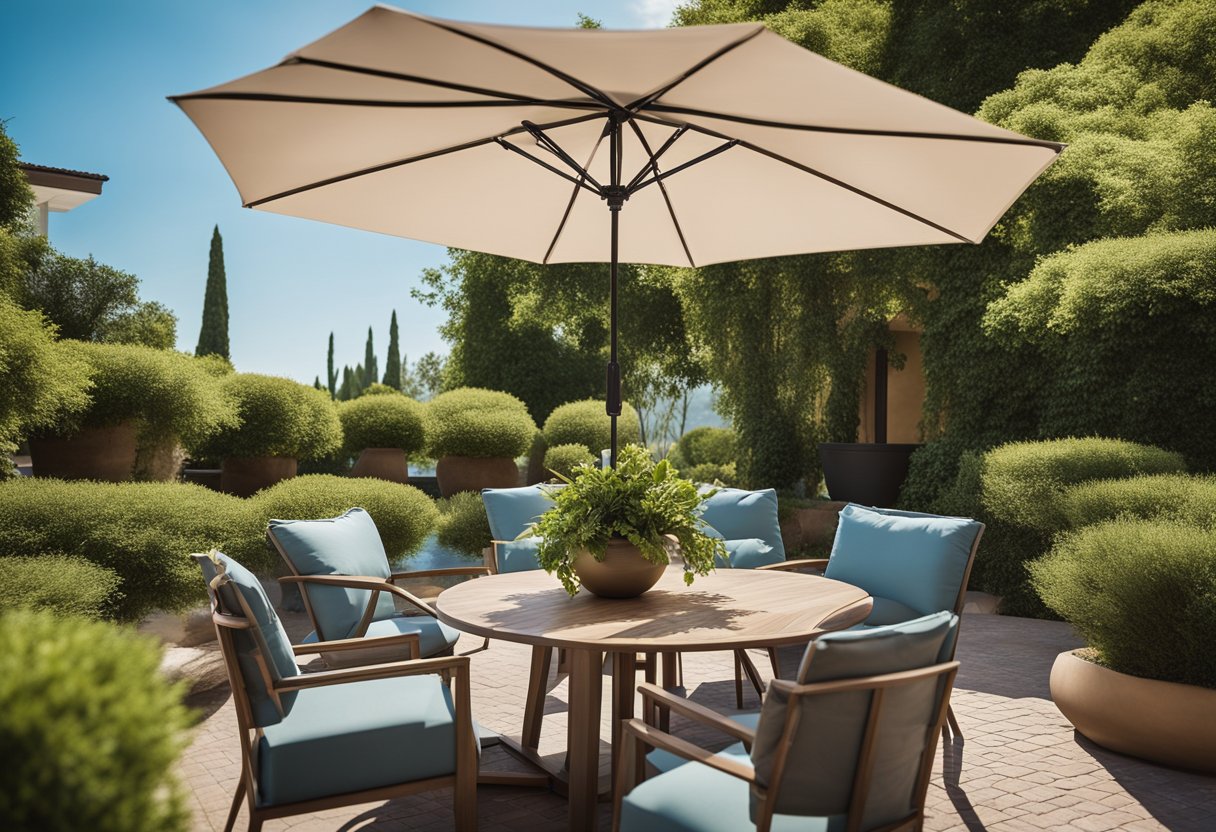 A cozy outdoor patio with a sleek dining set, comfortable lounge chairs, and a stylish umbrella, surrounded by lush greenery and a clear blue sky