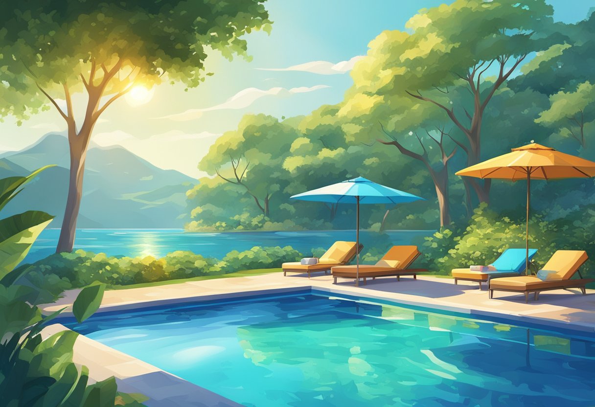 A sparkling blue swimming pool under a clear sky, surrounded by lush greenery and colorful lounge chairs. Sunlight glistens on the water's surface