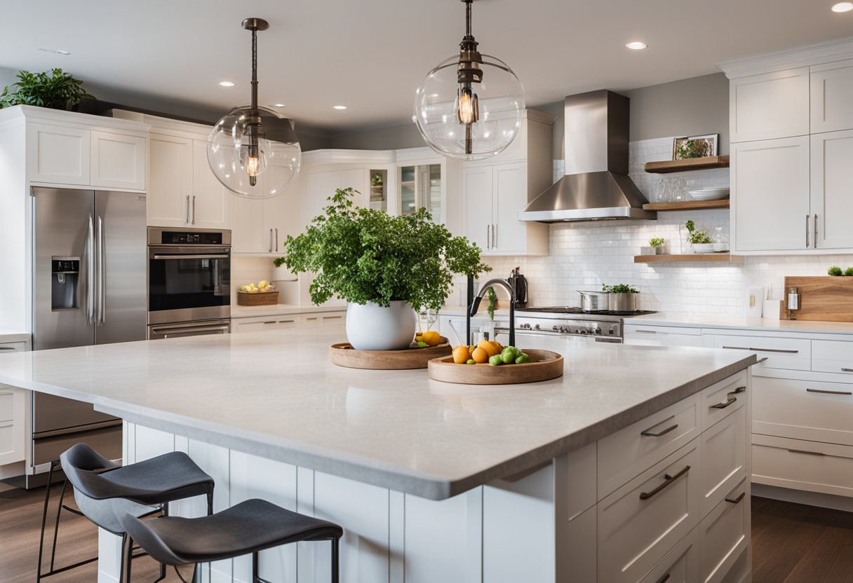 A bright, modern kitchen with sleek countertops and ample storage. A large island serves as a focal point for gathering and meal prep. Subtle pops of color add personality to the space