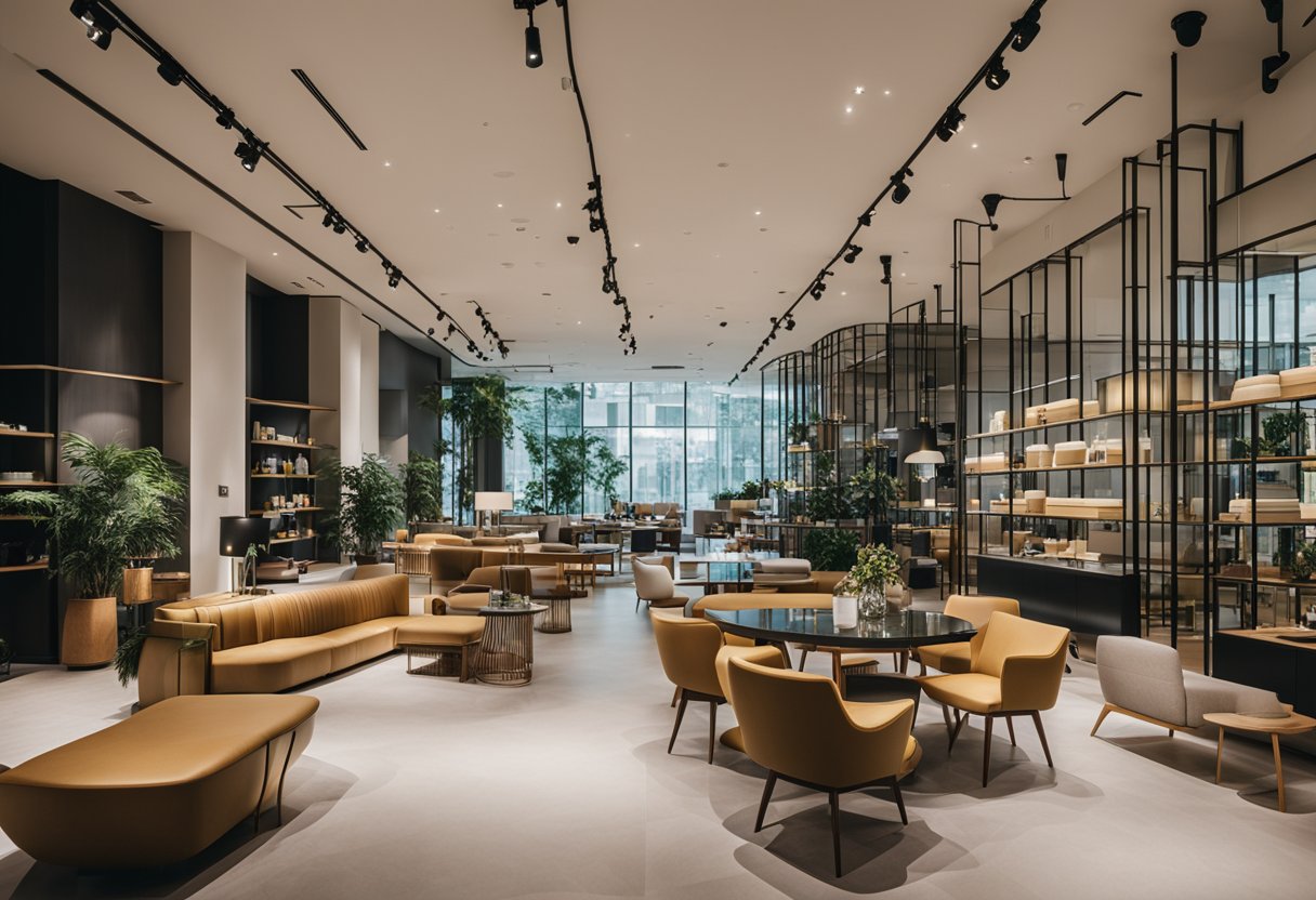 A modern furniture store in Singapore, showcasing sleek and stylish pieces with clean lines and minimalist design