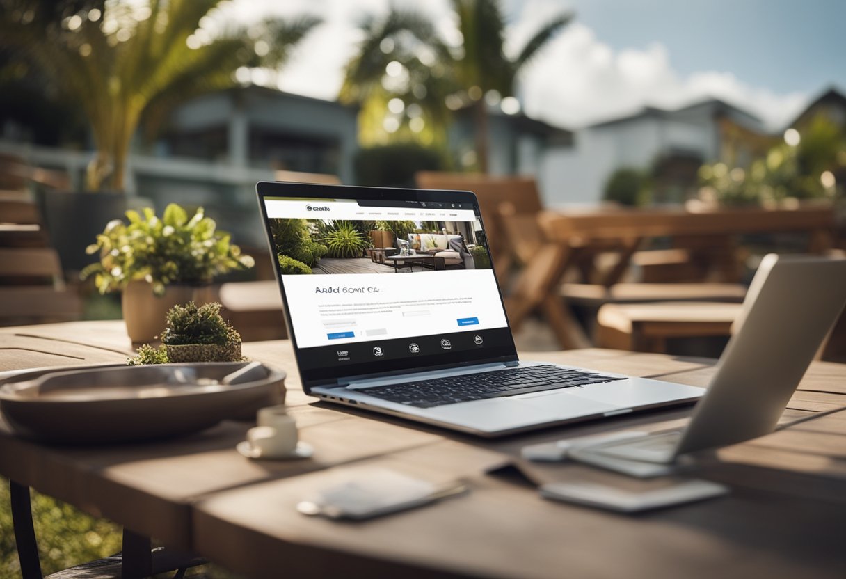 A person clicks "add to cart" for outdoor furniture on a laptop, with a credit card nearby for purchase