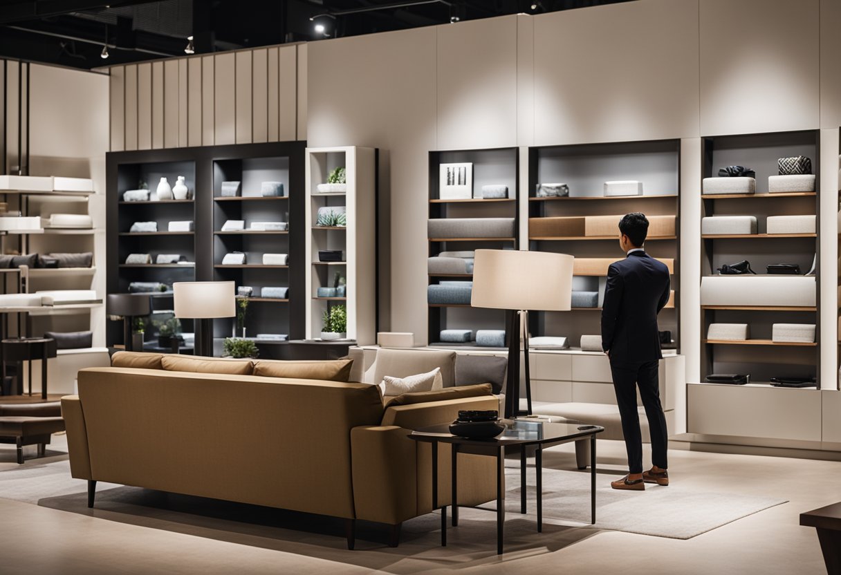 A customer browsing through Mulamu furniture showroom in Singapore, admiring the sleek and modern designs