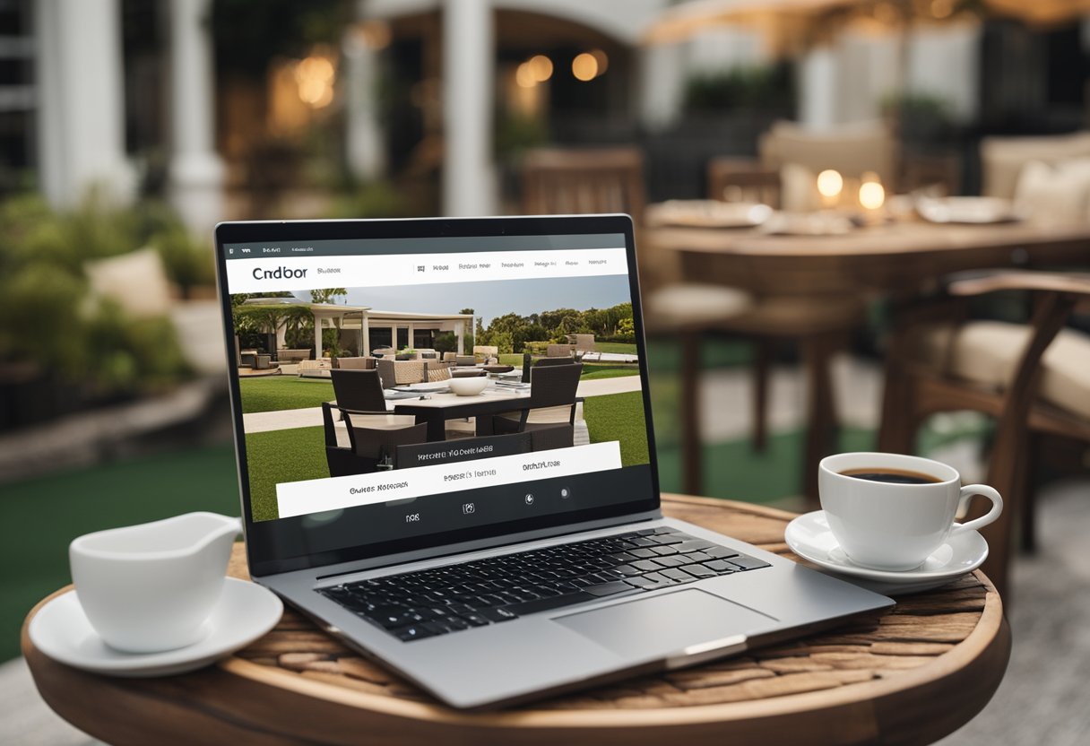 A laptop open to a website with outdoor furniture images, a credit card, and a delivery address