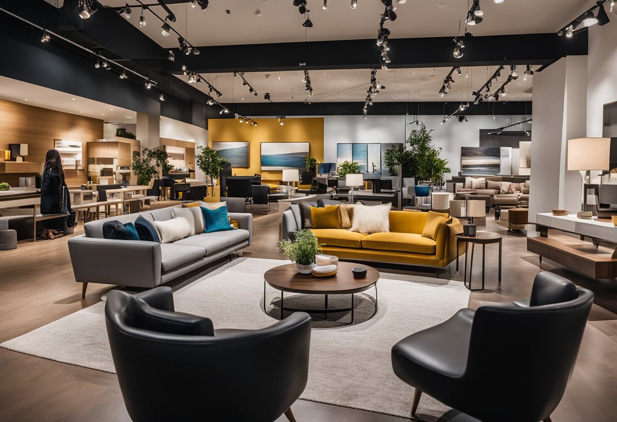 Customers browse modern furniture in Northstar's showroom, admiring sleek lines and high-quality finishes. Bold colors and minimalist designs catch their eye